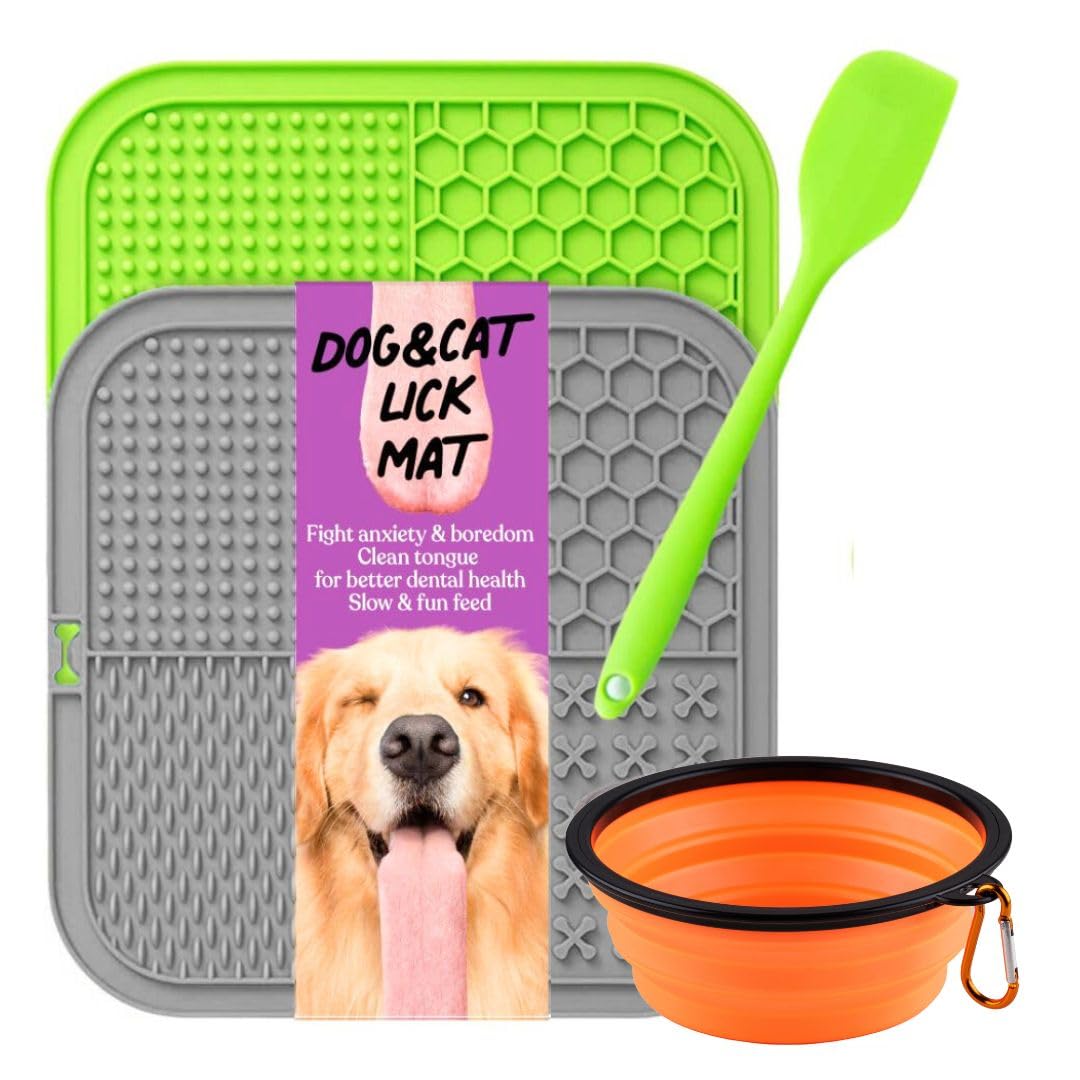 2 alfombrillas duraderas para perros con ventosas fuertes + juego de comedero plegable | Almohadilla para fugas con 4 patrones diferentes para mascotas ansiosas y aburridas | Alimentador lento para