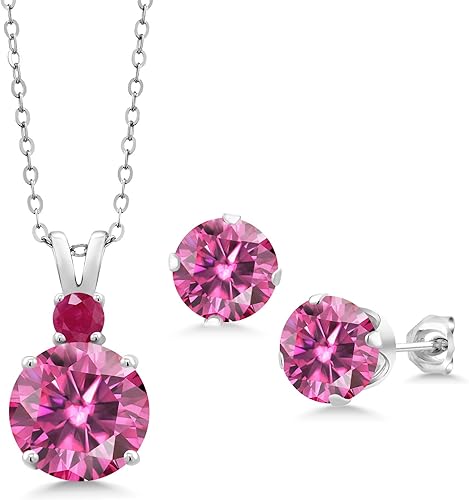 Gem Stone King Colgante de plata de ley 925 con aretes de cadena, moissanita rosa redonda y rosa moissanita vívido (10,54 quilates), Metal Gema,