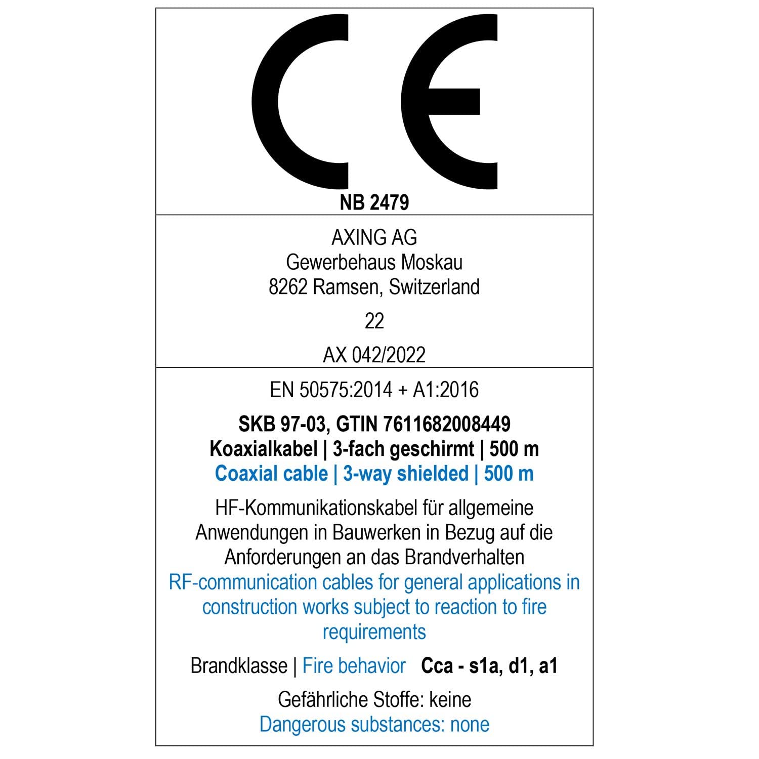 Axing SKB 97-03 - Cavo coassiale senza alogeni a 3 vie schermato per TV, cavo antenna, 500 m