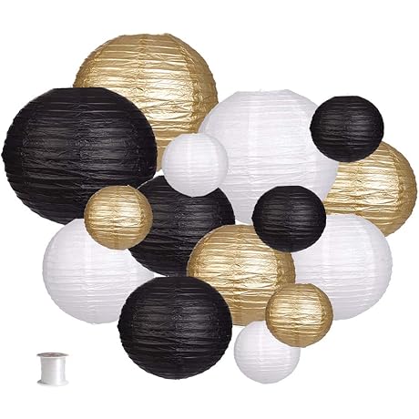 Paper Lanterns Decorative, Round Hanging Paper Lanterns Decorations for Party Supplies Black/Gold/White