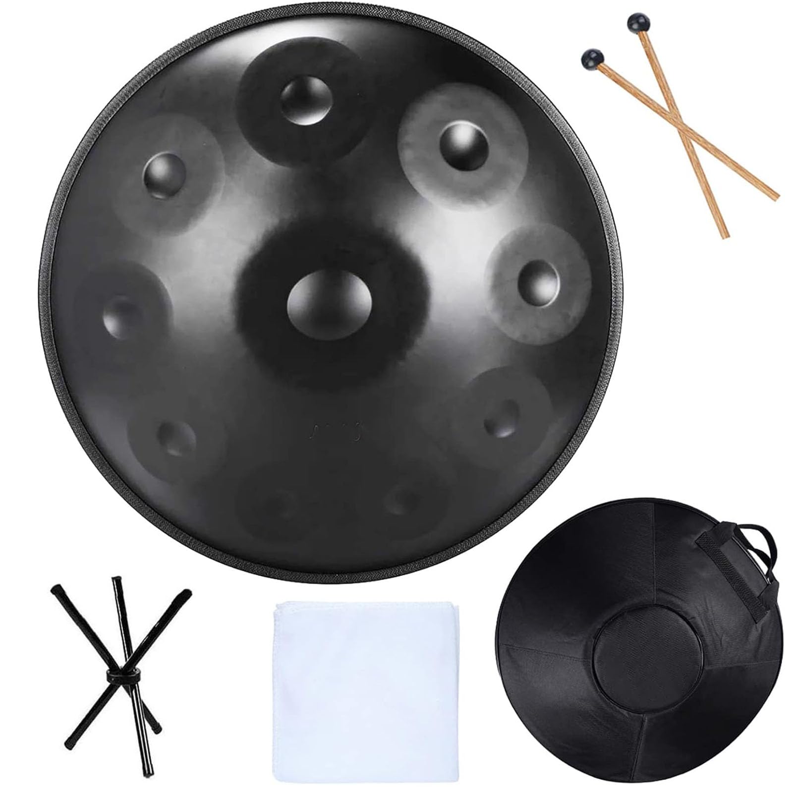 Instrument perkusyjny Handpan w d-moll, 22 cale, stalowe bębny Hand Pan, 440 Hz, stalowy bęben Hand Pan, z torbą Handpan, statyw perkusyjny, do profesjonalnej produkcji audio (czarny-10 tonów)