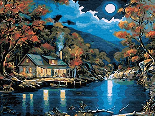 [Framless]DIY Oil Painting Paint by Number Kit for Adult Kids Home Decor Wall Pic Value Gift-Linen Material- Moonlight 12x16 Inch