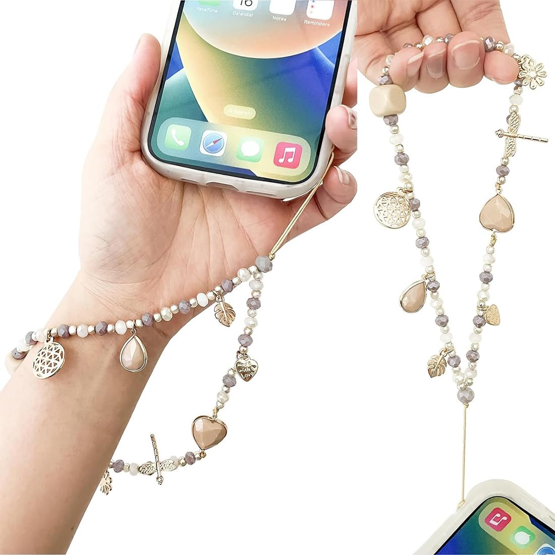 Cordon de téléphone Portable avec Bijou et dragonne en Cristal Beige Anti-Perte - étui Pendentif chaîne, 1 pièce.