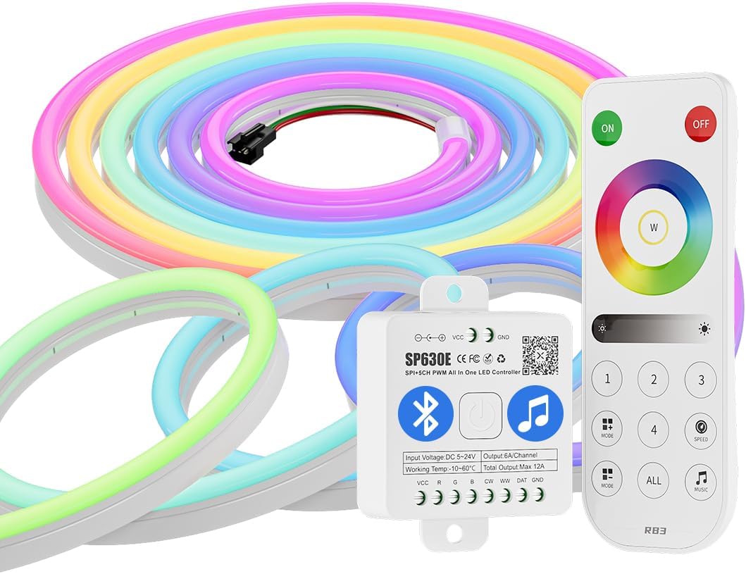 WS2811 IC RGB Chasing Color Neon Light 16.4FT DC24V 90IC 108LED/m T0817 IP67 Waterproof Addressable Rope LED Strip, 2.4GHz RF Remote RB3&SP630E Bluetooth Controller Kit(No Adapter)