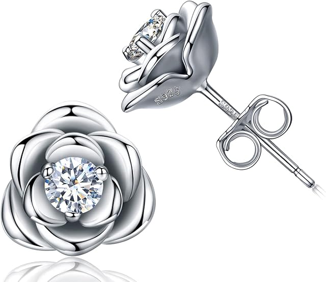 LuckySuen Womens White Gold Plated Sterling Silver Rose Flower Stud Earrings, Hypoallergenic & Nickel Free Earrings