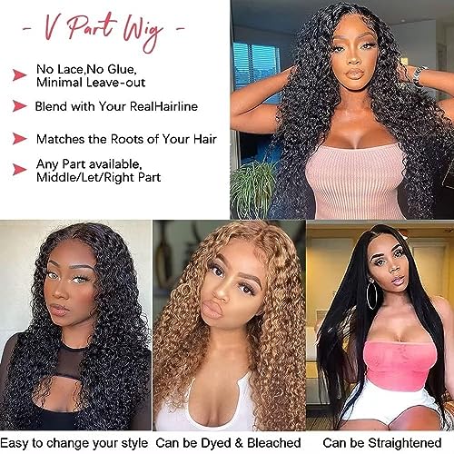 V Part Wig Human Hair for Women 10A Upgraded U part Wig Human Hair Beginner Friendly 150% Density V Shape Wigs Clip In Half Wigs Natural Color 14 Inch Kinky Curly V Part Wig - Image 2