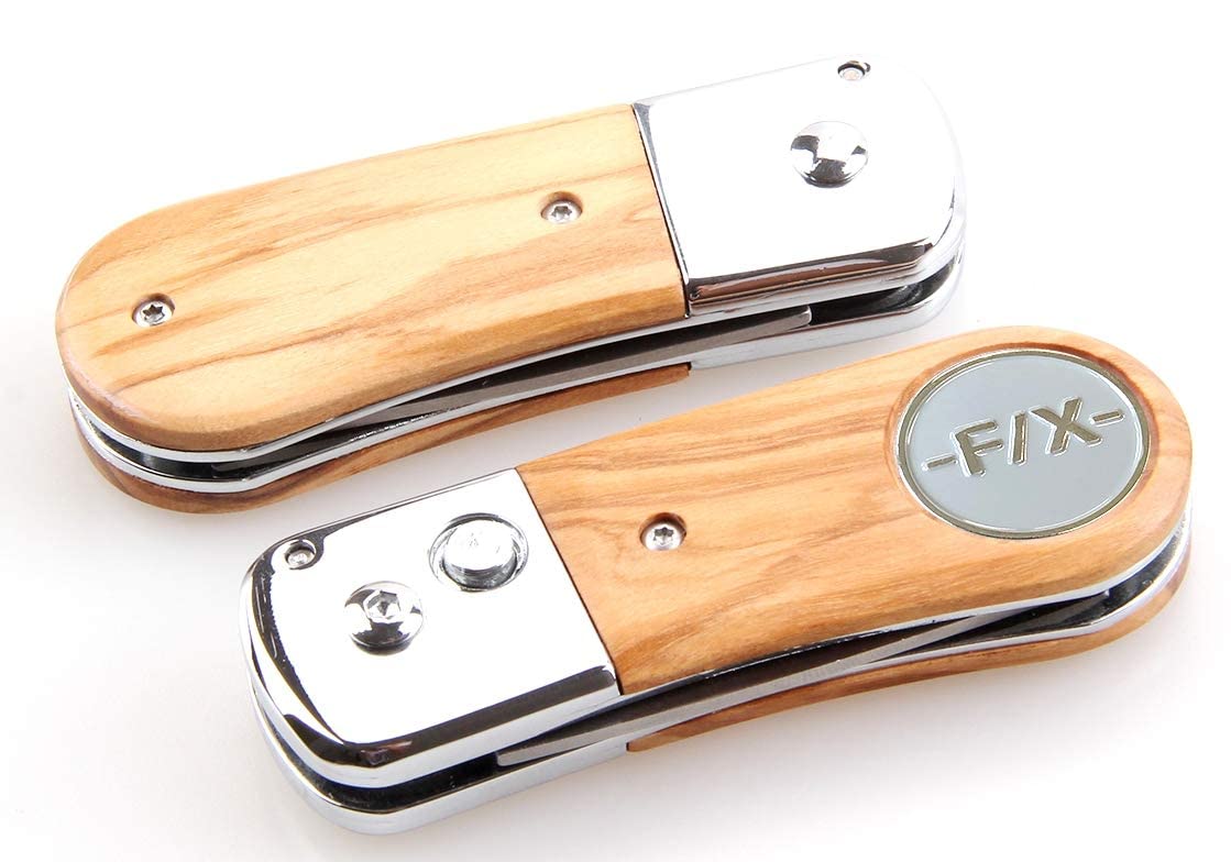Premium Pitchgabel mit Echtholzbeschlag - Pitchfix de Luxe - ergonomisch - tolles Golfgeschenk für Sie und Ihn