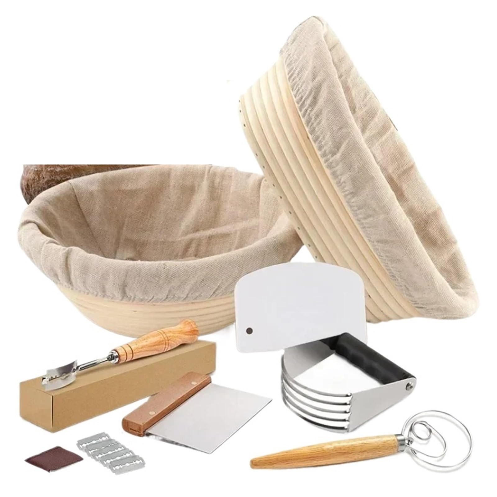 bread proofing basket, Starter Kit Proofing Basket Set Round Fermentation Scraper Baking Mixer, Cutter, Beater For Bread(12 pieces)