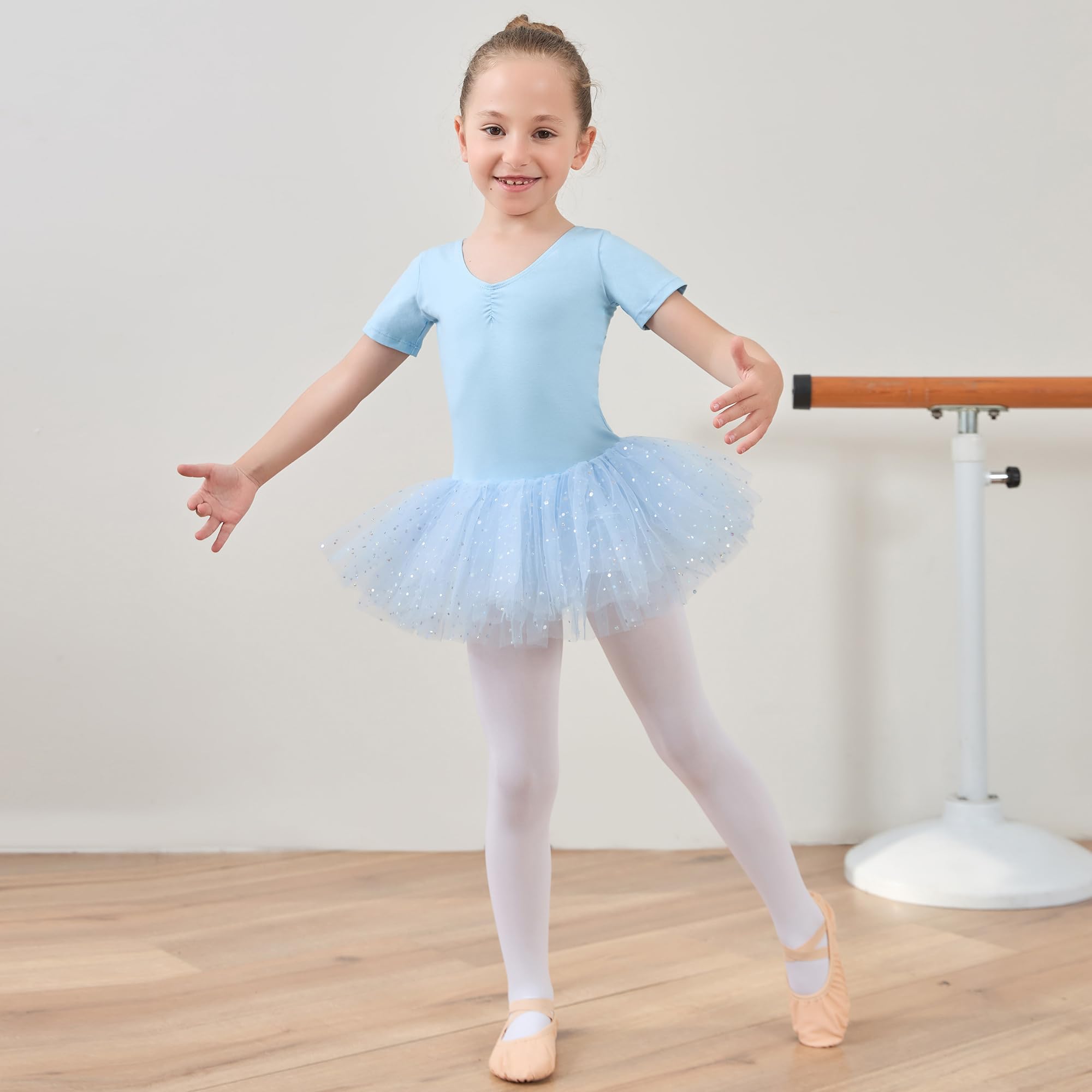 Robe de Tutu de Ballet de Filles avec du Tulle Brillant croisé en Croix à Manches Courtes Leotard de Danse à Manches Courtes