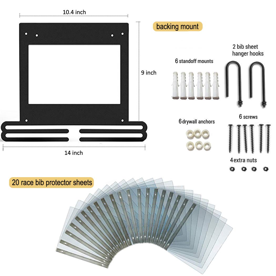 Jolitac Sports Medal Awards Display Rack Wall Mounted Marathon Medals Hanger Holder for 60+ Medals 100 Runner Race Bibs 20 Bibs Flip Vinyl Sleeves