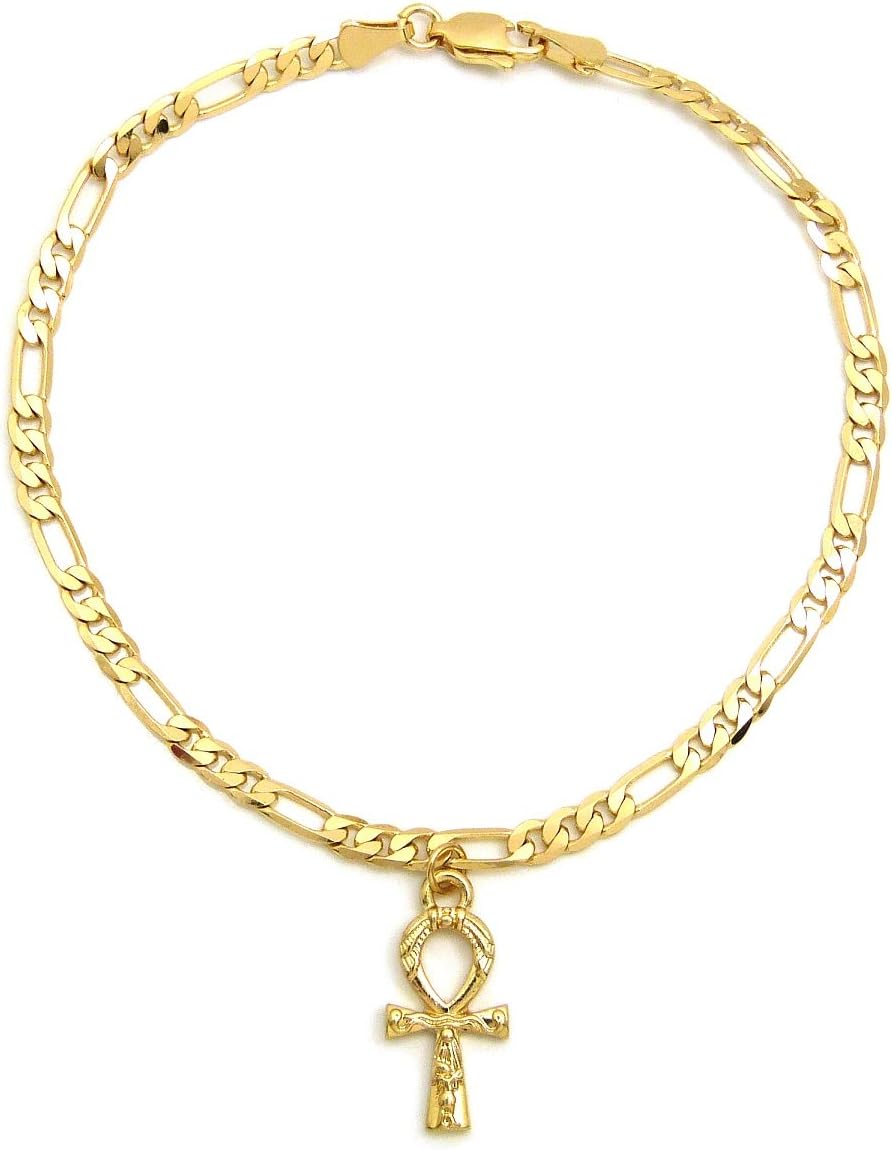 Fashion 21 Women's Cross, Ankh, Queen Nefertiti Piece 10 inches Figaro Chain Anklet Foot Bracelet in Gold Tone