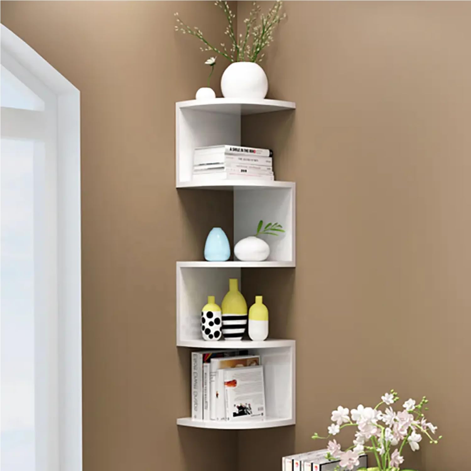bimiti Corner Shelf Unit Wall Mount 5 Tier Wood Floating Shelves White Floating Shelf Storage Organizer for Bedrooms Bathrooms, Kitchens Offices and Living Rooms