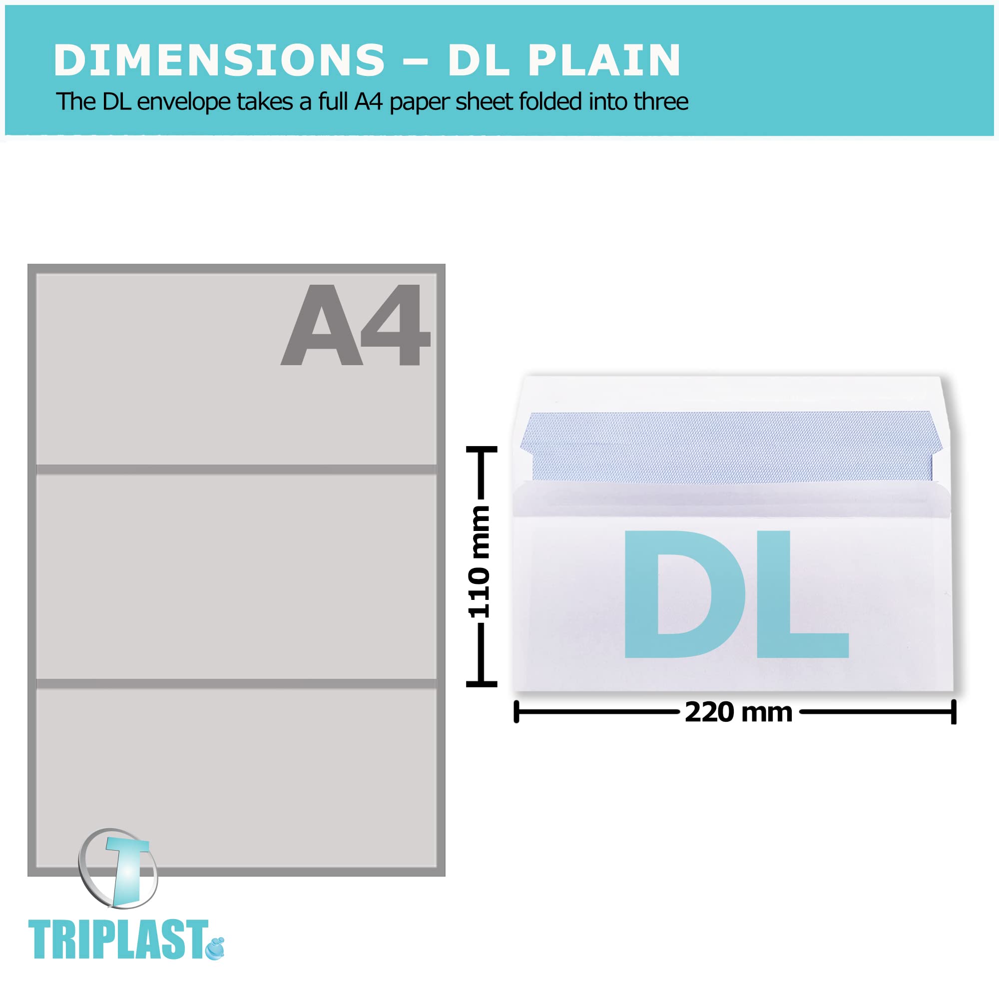 Triplast 500 x DL White Self Seal Security Envelopes (Size: 110x220mm), Plain - DL (110x220mm) - Image 2