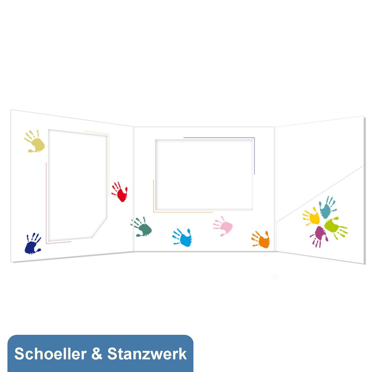 Schoeller & Stanzwerk© - 25 Stück 3-teilige Portraitmappe Kinder/Schulfotomappe für 13x18 cm Fotos - mit farbigem Druck "Hände" - Weißkarton