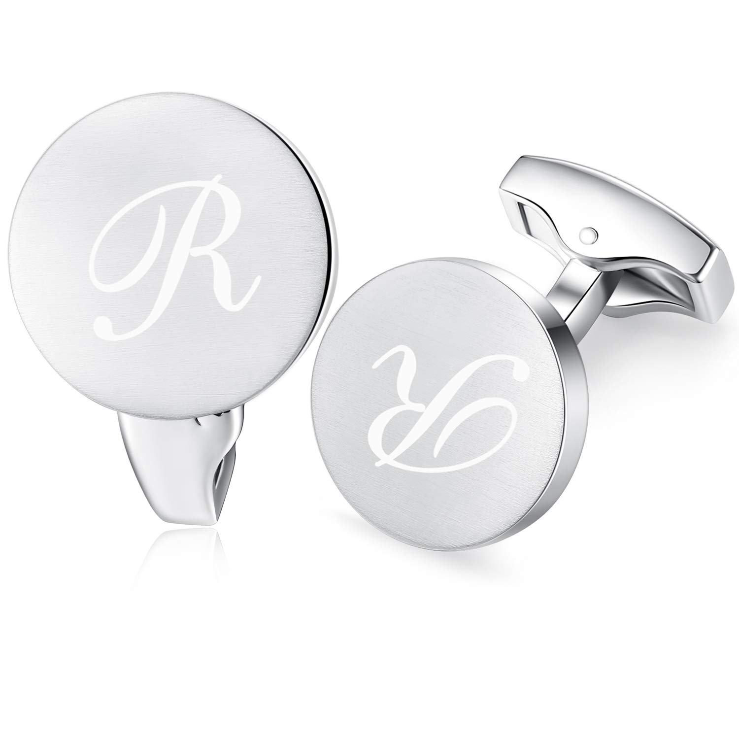 HONEY BEARInitial Alphabet Letter Cufflinks for Men, Round Shape Stainless Steel Wedding Business Gifts Silver A to Z