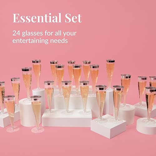 Miniatura 4 de Prestee 24 copas de champán de plástico desechables, copas de champán de plástico con purpurina plateada para fiestas, vasos de plástico, vasos de