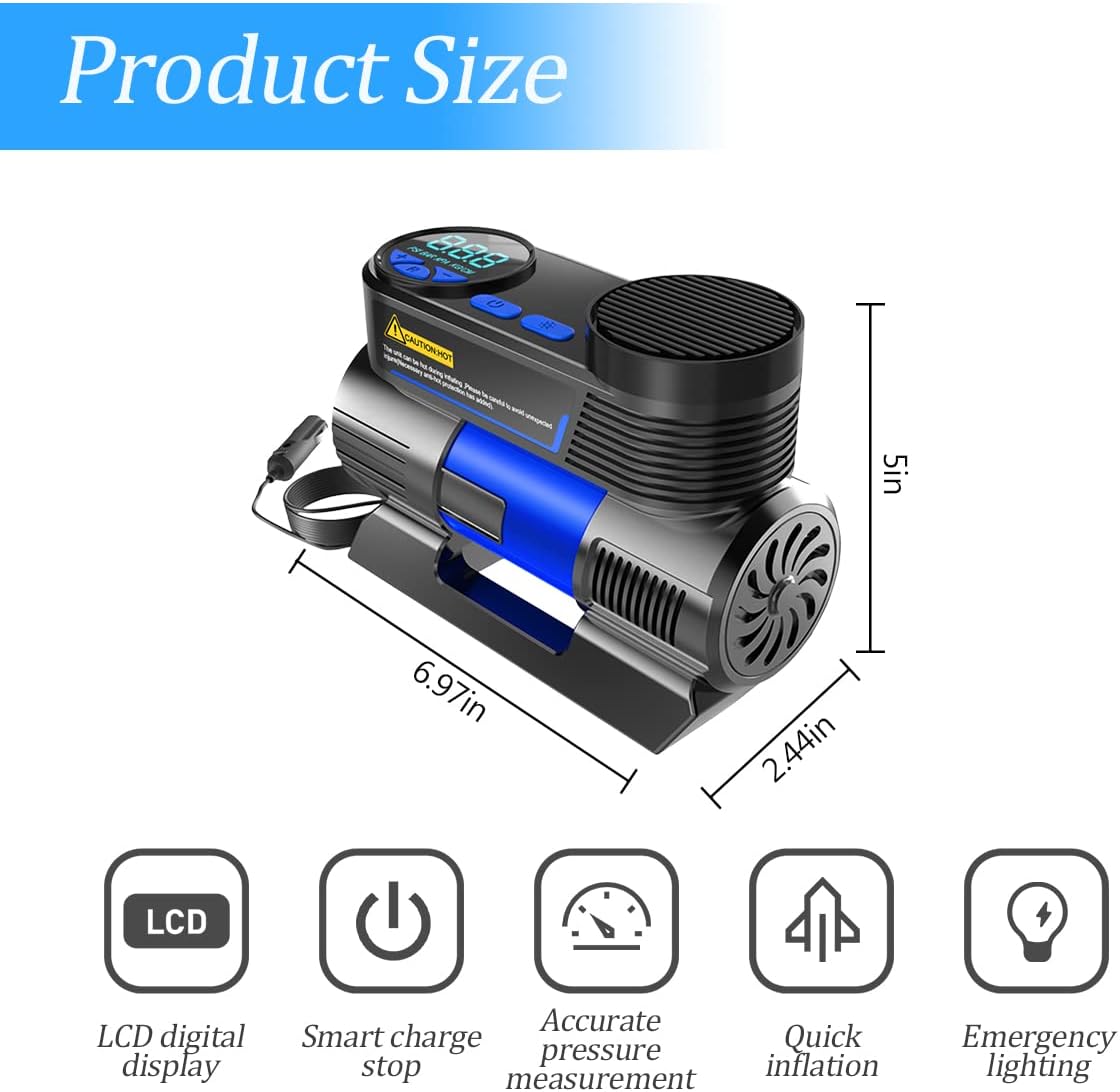 Portable DC 12V Auto Tire Inflator Pump with Digital Display and LED Light