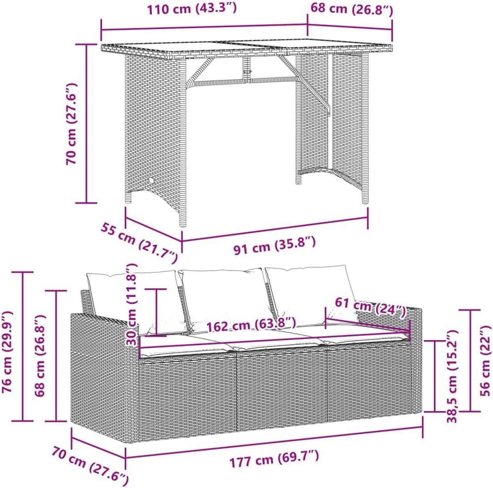 vidaXL 2-Piece Patio Dining Set - Beige Poly Rattan Garden Furniture with Cushions, Tempered Glass Tabletop, Weather-Resistant, Removable Covers