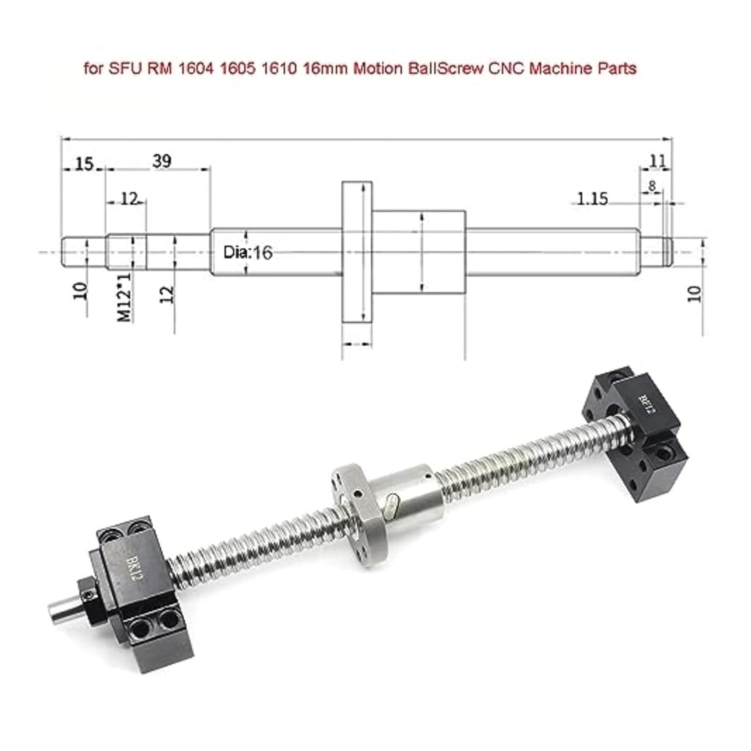 Ball Screw, Linear Motion Guide Ball Screw 1set BKBF12 Ball Screw High Rigidity Bearing Support Seat