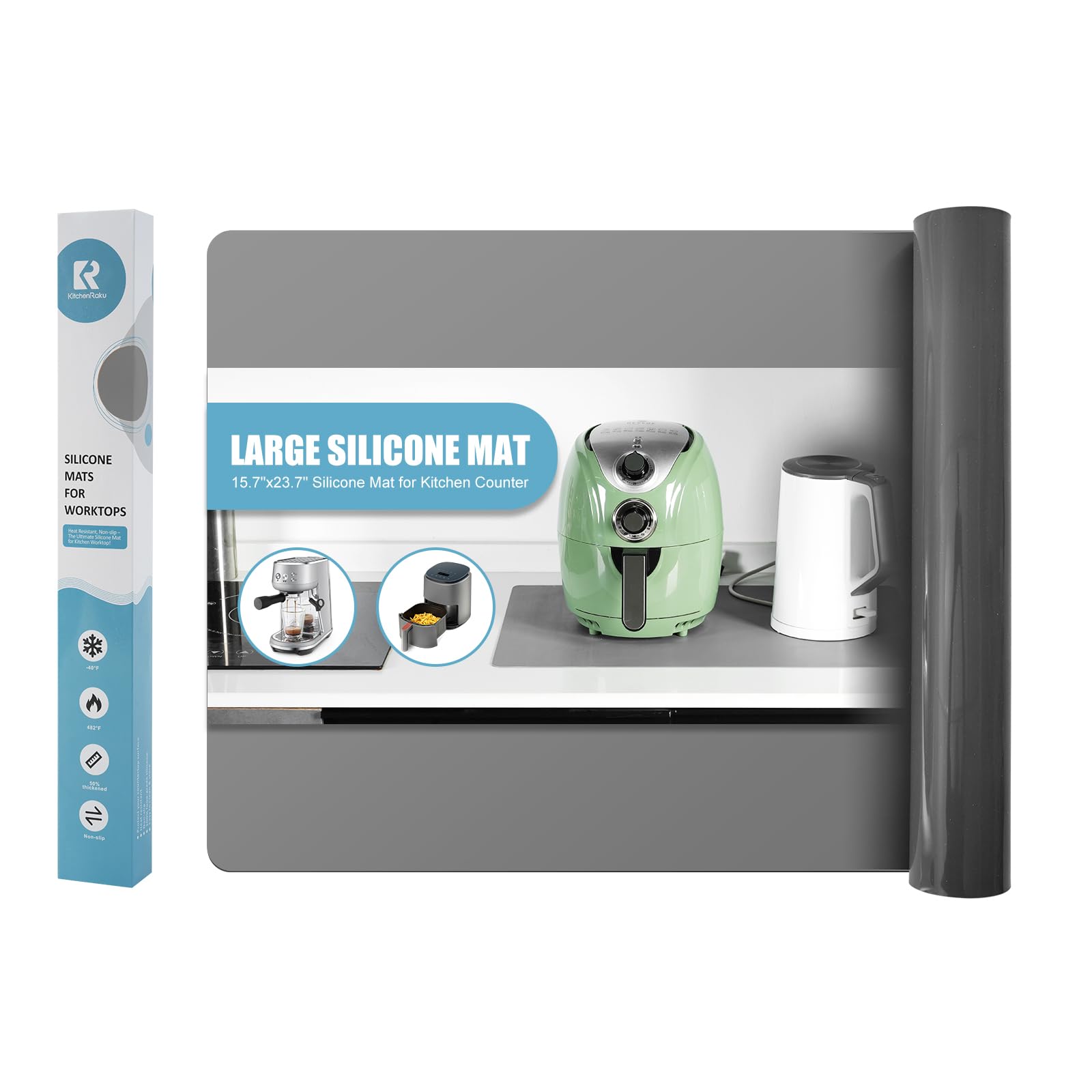 KitchenRaku Large Silicone Mats for Kitchen Counter, Nonstick Heat Resistant Countertop Mat, Nonskid Placemat, Non-Slip coffee mat, Table Mat (Dark