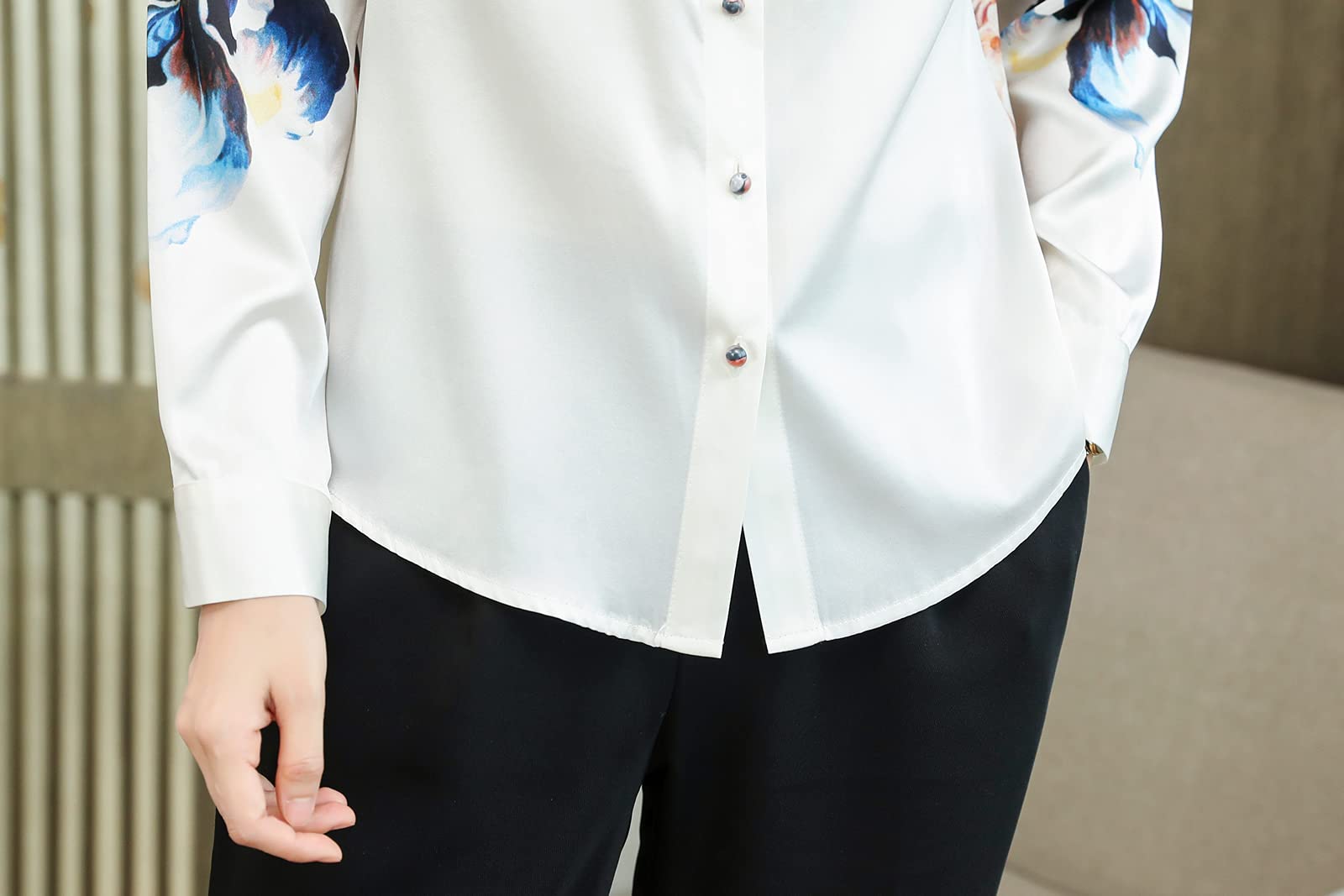 Valin S9099 - Camicia da donna con stampa a bottone, a maniche lunghe, in seta