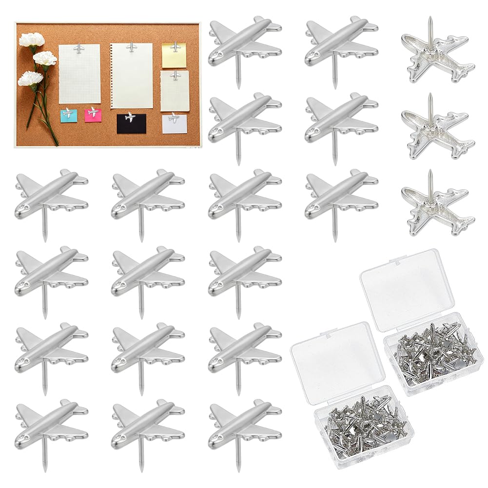 NBEADS 60 Pcs 19.5x19x13.5mm Silver Airplane Push Pins, Metal Decorative Thumb Tacks for Map Cork Bulletin Boards Photos Wall Maps Office Supplies Home DIY Decoration Pushpin