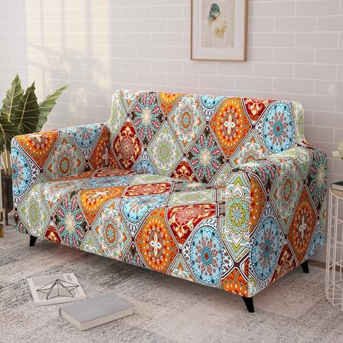 Image of Story@Home Sofa Cover 3 Seater Fully Covered | Stretchable Polyester Spandex Elastic Sofa Cover 3 Seater | Orange Motif Design 3 Seater Sofa Cover for Living Room & Create Your Own Customized Set