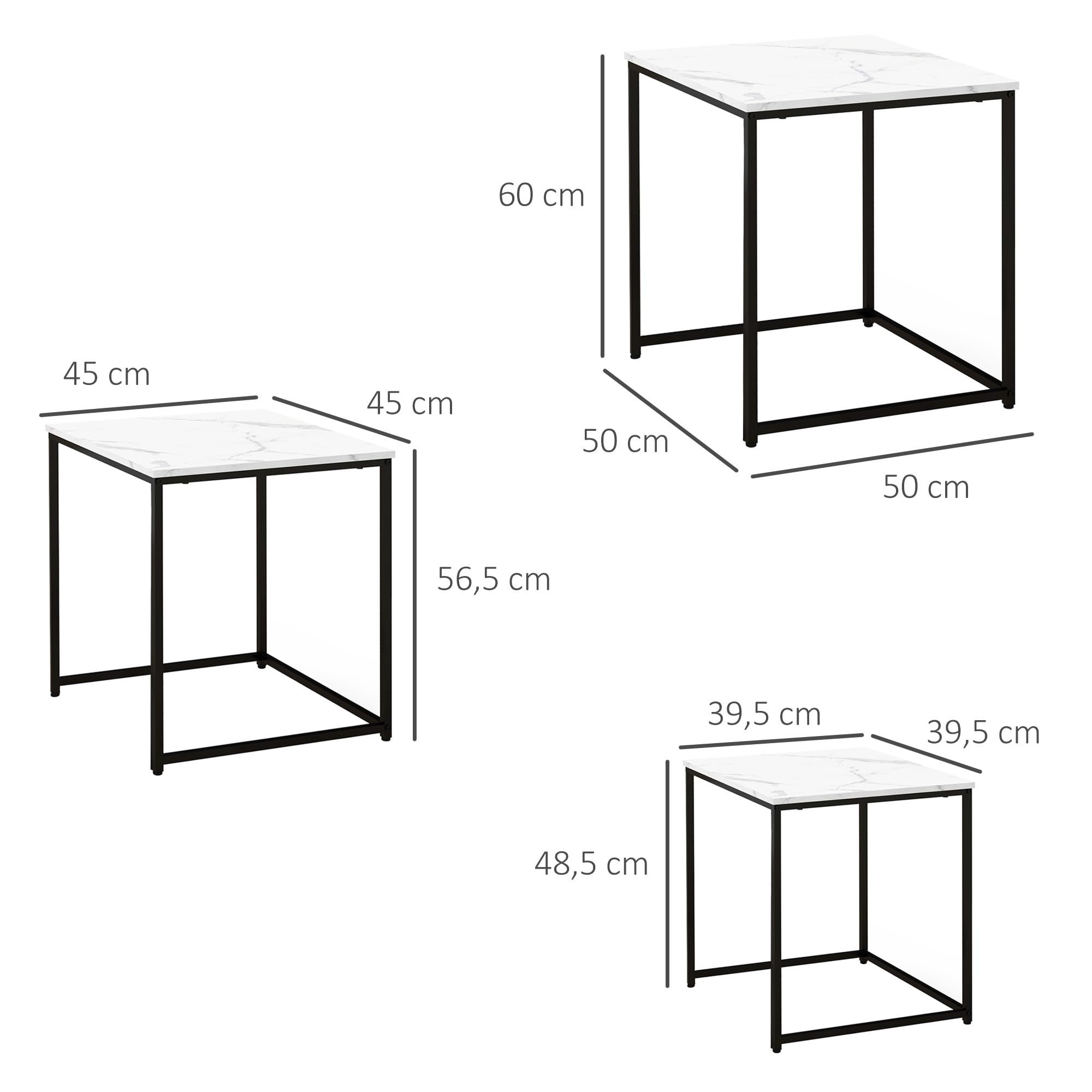 HOMCOM Juego de 3 Mesas Auxiliares para Salón, Mesas Nido con Efecto Mármol y Marco de Acero, Estilo Moderno, para Sala de Estar, Dormitorio, Blanco