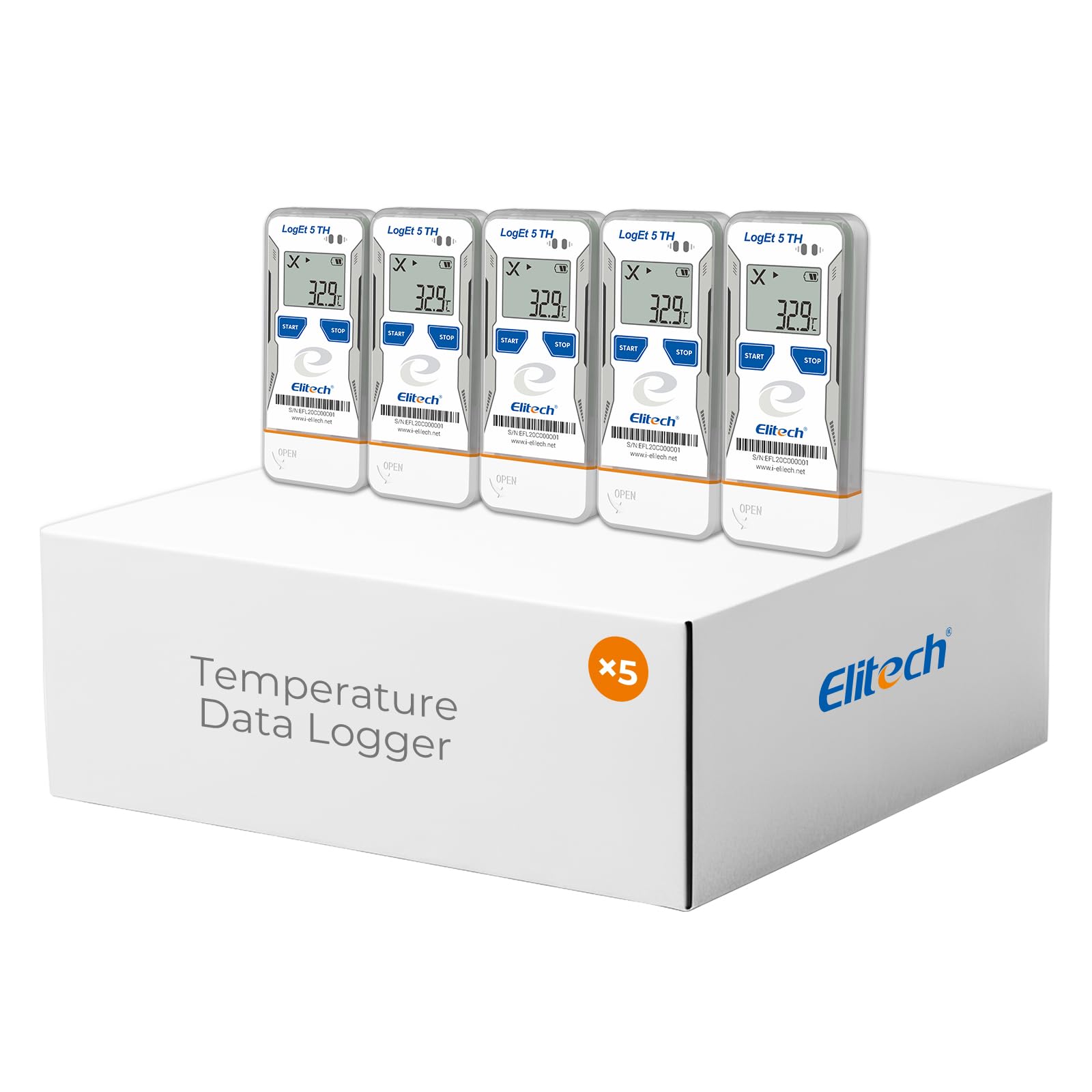 Elitech Rejestrator temperatury 5-pak, USB rejestrator wilgotności od -30°C do 70°C, automatyczne raporty PDF/CSV, Windows/macOS