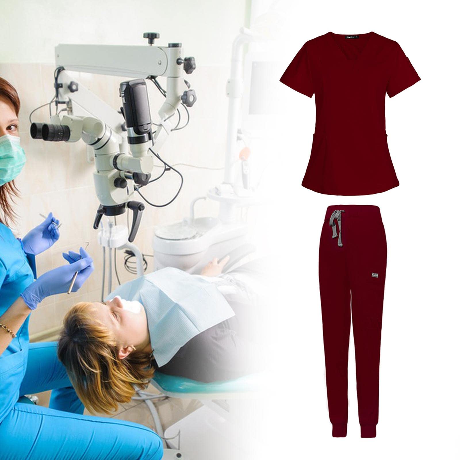Top Mujeres Conjunto de Uniforme de Enfermería con Pantalón Jogger y Bolsillos Masajeadores Material Suave de Poliéster Lavable Adecuado para Trabajo, Rojo, l