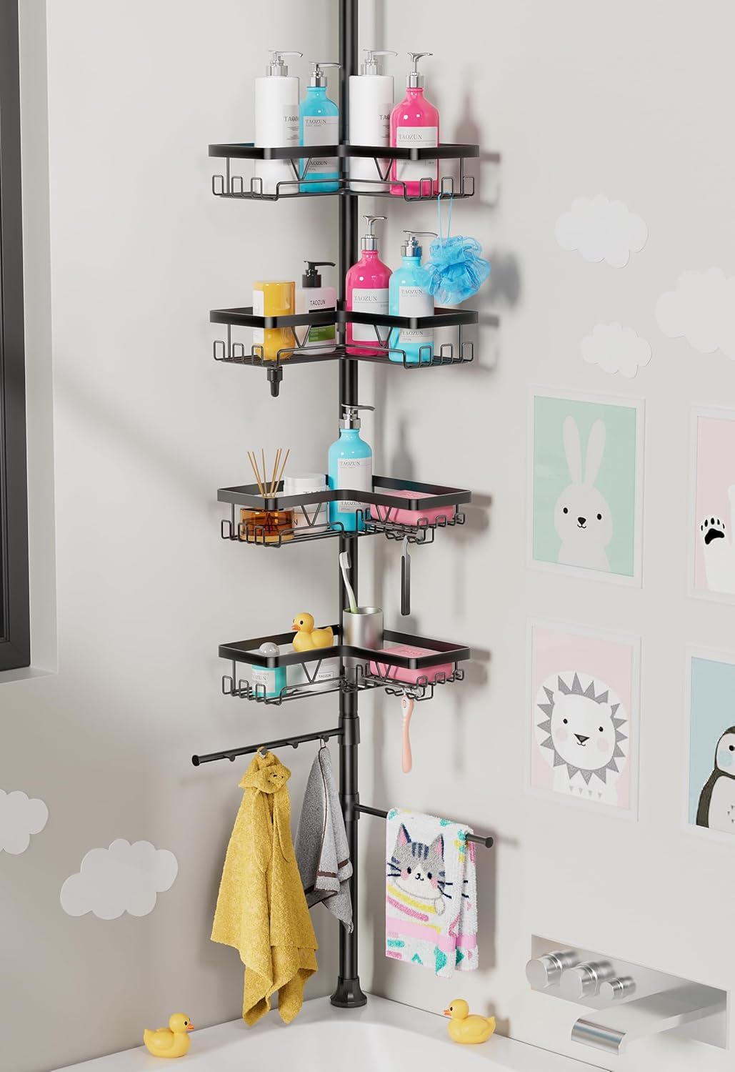 Taozun Duschablage mit 2 Handtuchstangen und 4 Dusche Eckregal, 63.5-290cm Adjustable Teleskop Duschregal Ohne Bohren