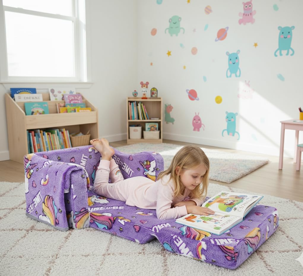 Pieghevole Divano Bambini 2-in-1, Poltroncina Trasformabile in Lettino,Sedia lumineux avec Couverture Camere da Letto, Soggiorno e Stanza per i Giochi,Unicorno