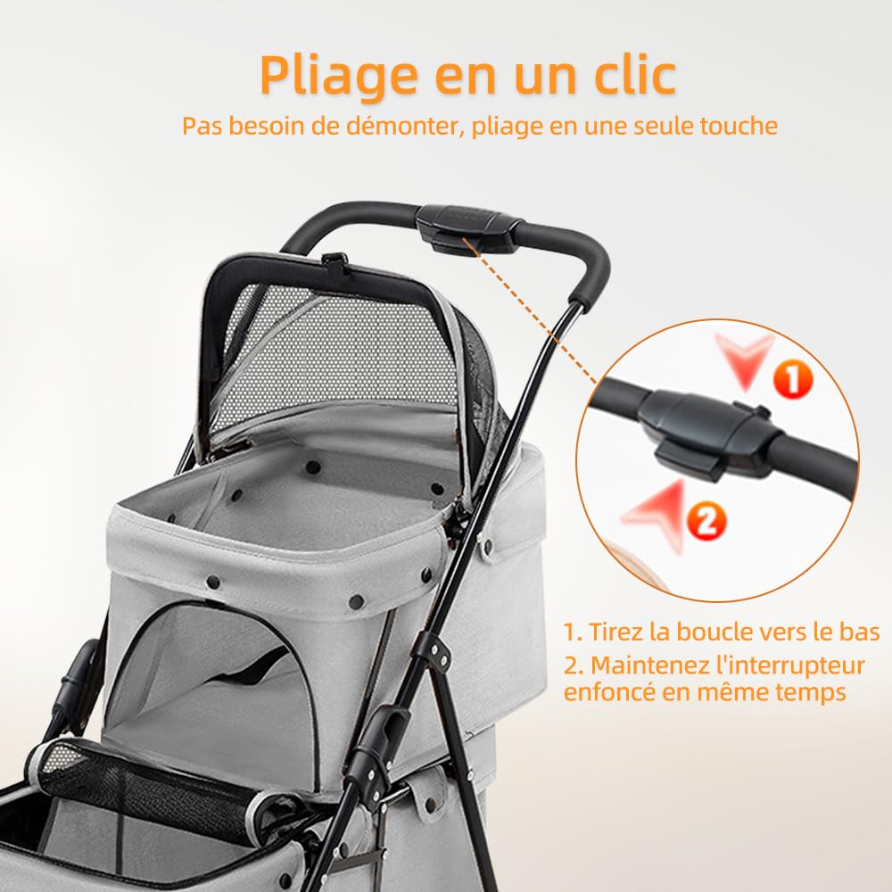 Passeggino a doppio strato, per cani, gatti, animali, viaggi, passeggino, pieghevole, cane, gatto, a quattro ruote, carrozzina, passeggino Buggy, 67 x 50 x 95 cm, grigio