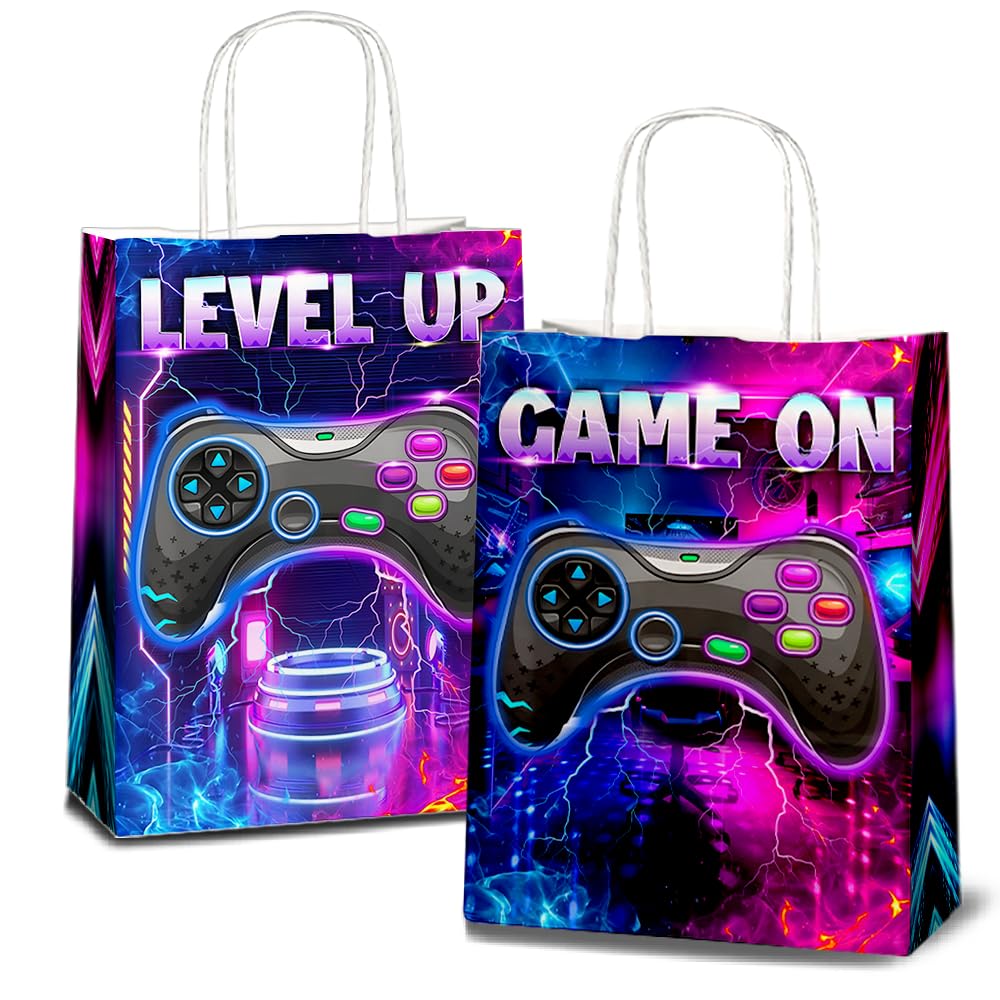 JOYGATHER 24 bolsas de recuerdos de fiesta de jugadores con asas, bolsas de regalo de videojuegos, bolsas de regalo, bolsas de dulces con 2 tipos diferentes, bolsas de papel kraft para juegos para