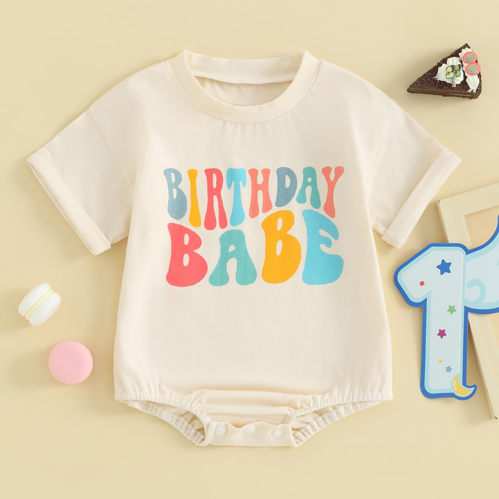 Kayotuas Baby First Birthday Outfit Boy Girl Cute Birthday Bubble Romper Colorblock Letter T Shirt Onesie Cake Smash Clothes (Birthday Babe Apricot, 12-18 Months)