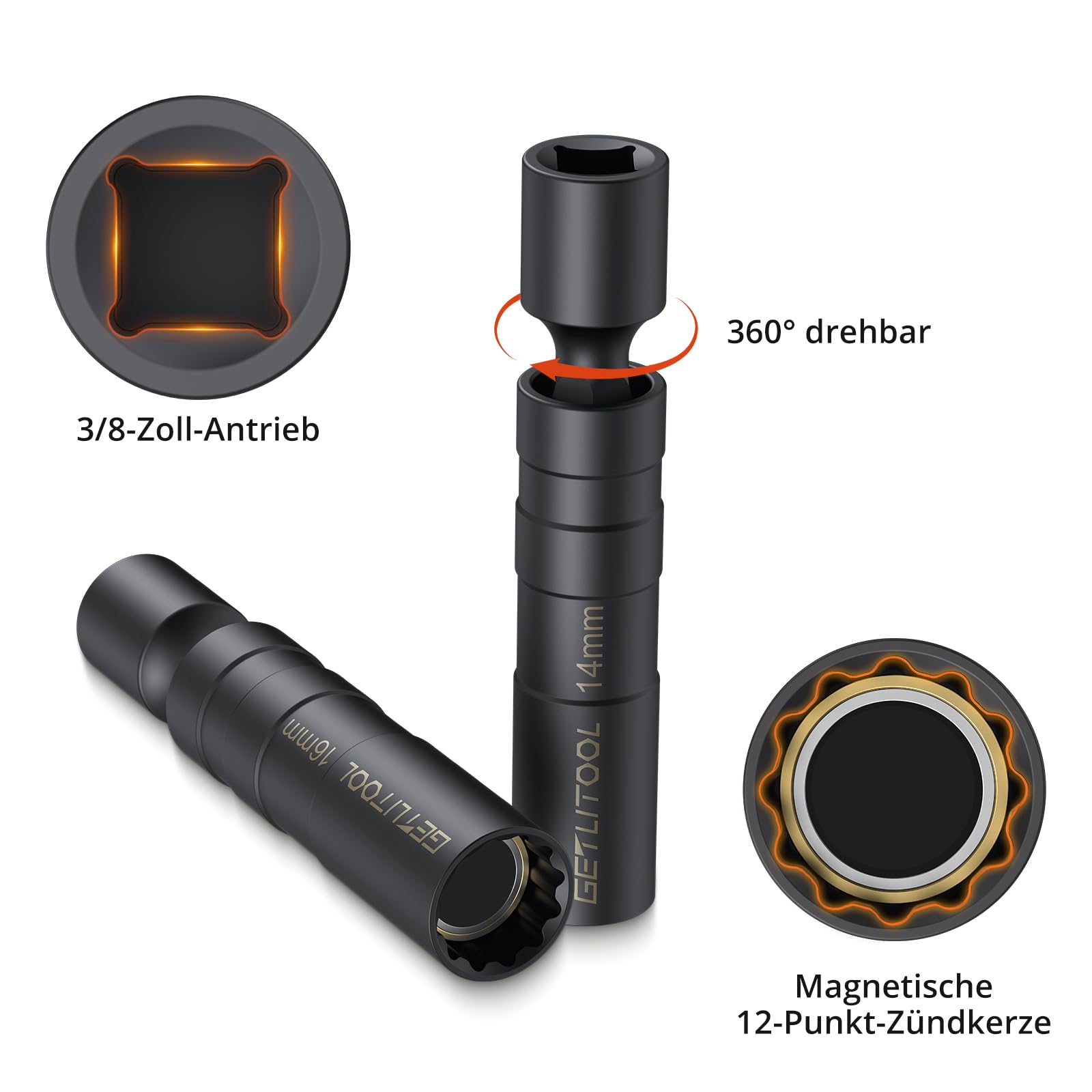 GETLITOOL 2 szt. kluczy do świec zapłonowych 14/16 mm długości 10 cm z kwadratowym trzonkiem 3/8", 2 x 12-kątne nasadki do świec zapłonowych CVR, obrotowy klucz magnetyczny o 360° do usuwania świecy