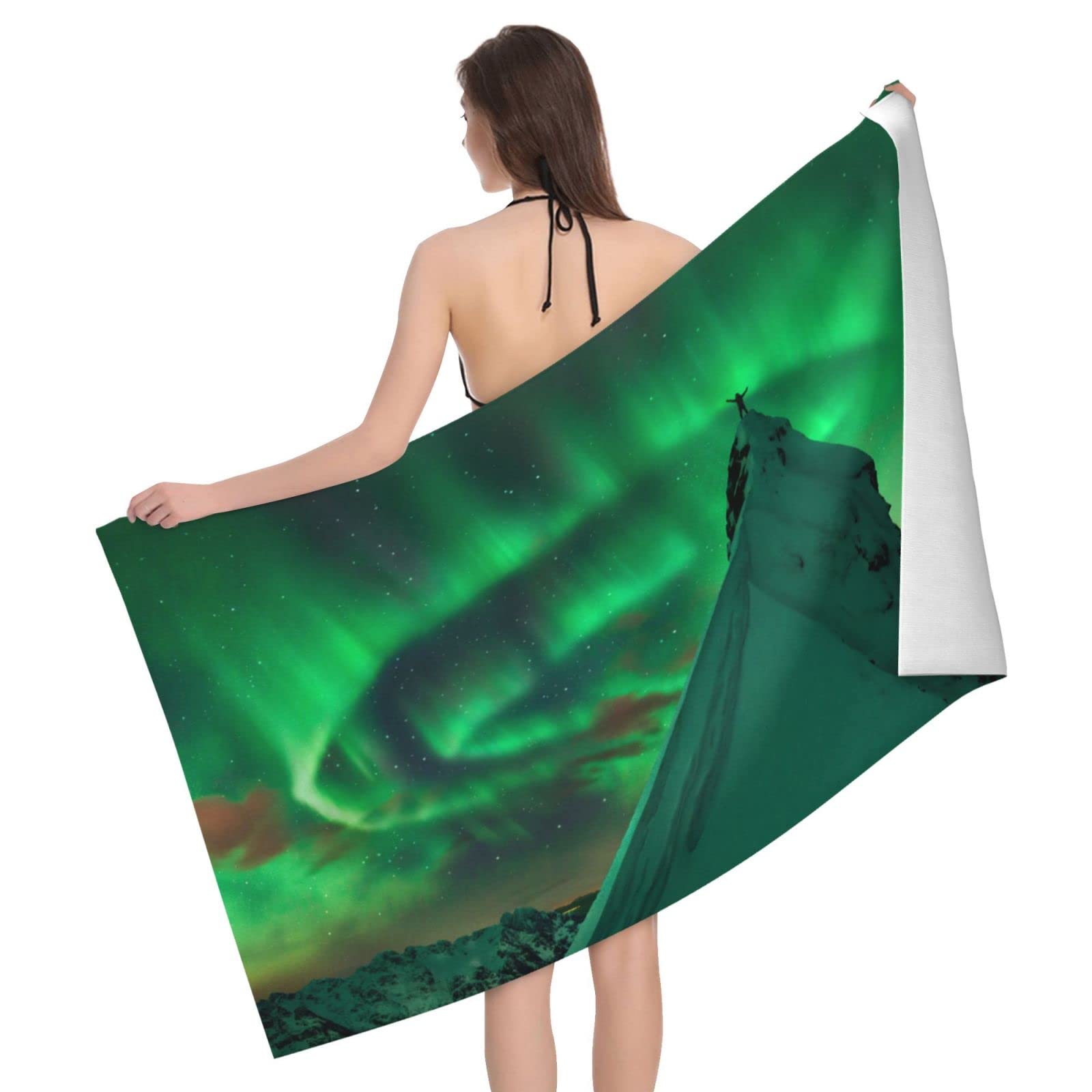 Lawenp Northern Lights in Iceland Beach Towel, Lightweight Sand Free Quick Dry Microfiber Absorbent Bath Towel for Kids, Adults, Swimming, Bath, Yoga, Pool, Travel, Camping 32"X52"