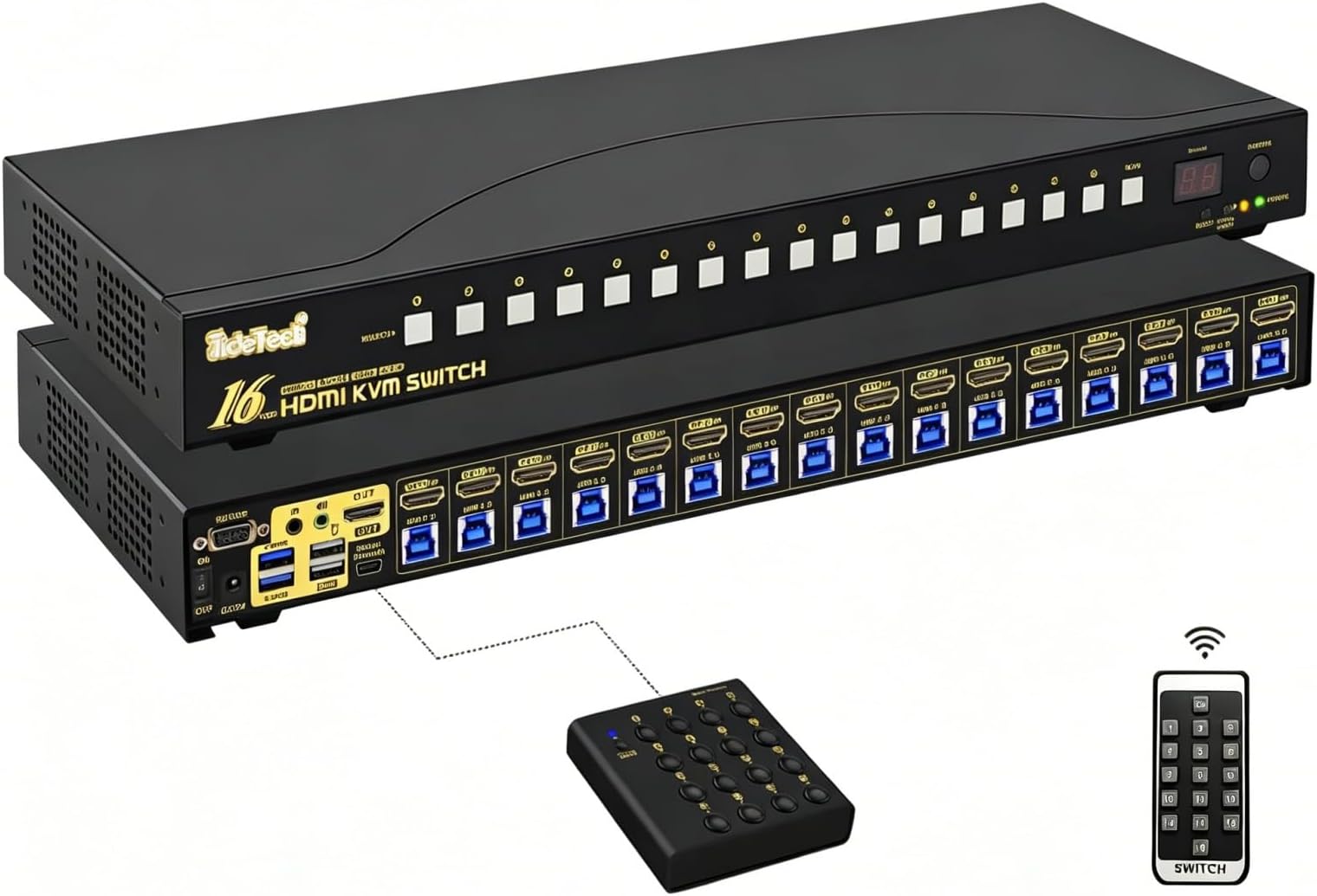JideTech 16x1 HDMI USB KVM Switch 4K@60Hz with USB 3.0 Hub, Hotkey Switching, HDCP2.1 & Intelligent EDID — Multi System USB Peripheral Sharing for Office/Studio/IT Rack