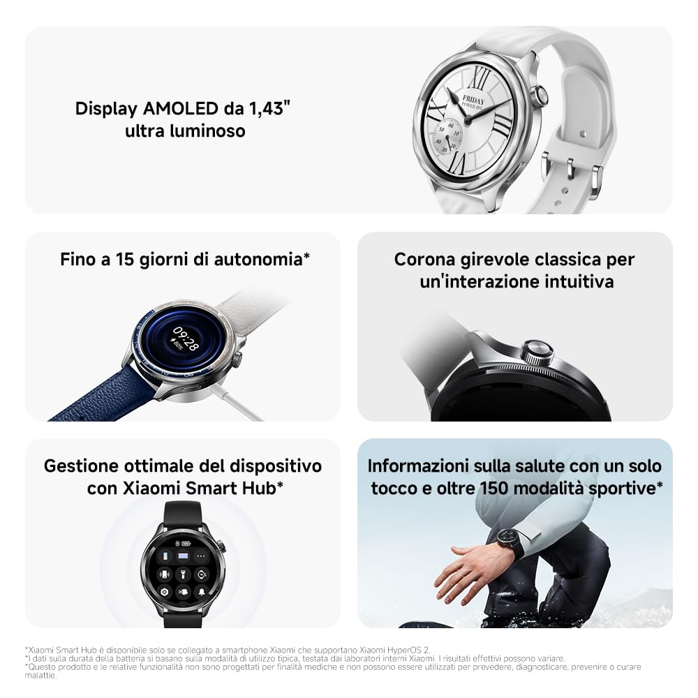 XIAOMI Watch S4, con corona rotante, ghiera Intercambiabile, schermo AMOLED da 36mm, fino a 15 giorni di autonomia, monitoraggio salute, HyperOS 2.0, 150+ modalità sportive, NFC, Android&iOS, Argento