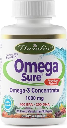 Miniatura 8 de Paradise Herbs Omega-Sure, concentrado de omega-3, aceite de pescado premium, DHA, EPA, vegano, sin OMG, sin gluten, 120 cápsulas blandas