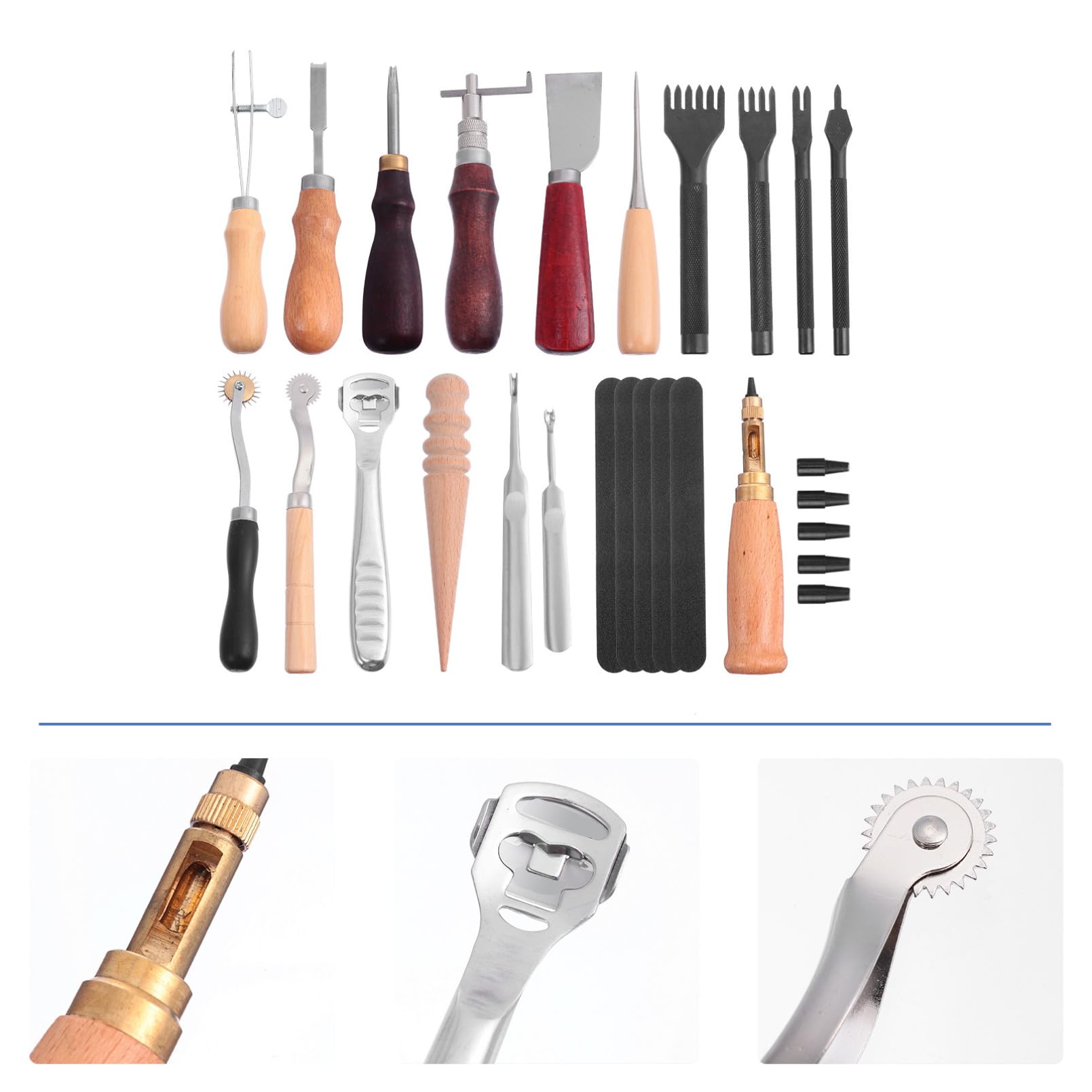 SEWOART Ensemble D'outils Travail du Cuir 18pcs Poinçon et Outils de Gravure en Métal et Bois pour Couture et Artisanat Cuir DIY