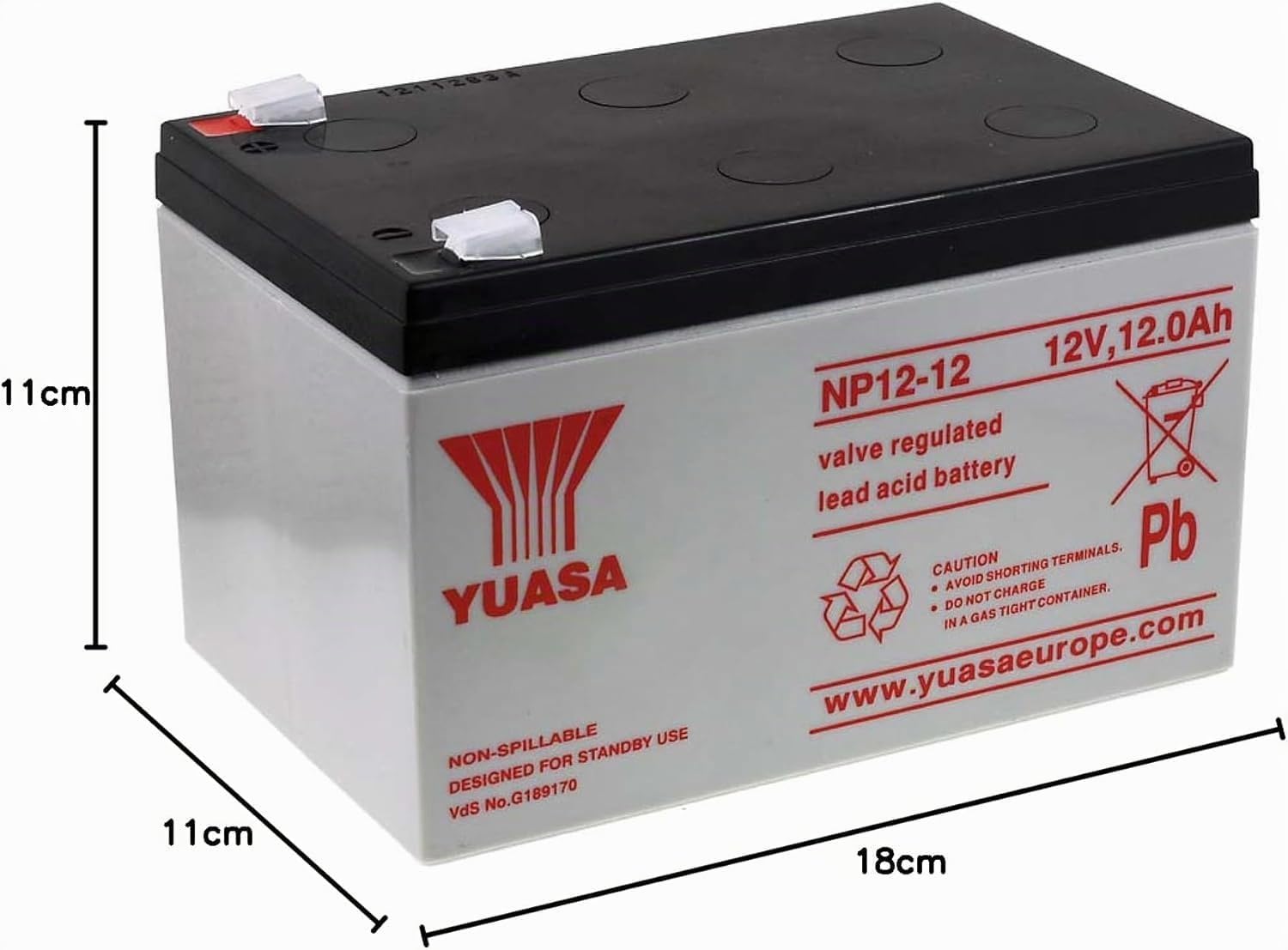 Yuasa NP12-12 Sealed Lead Acid (VRLA) 12 V - Batteries de l'onduleur (Sealed Lead Acid (VRLA), Noir, Blanc, 12 V, 1 pièce(s), 5 année(s), 20 h)
