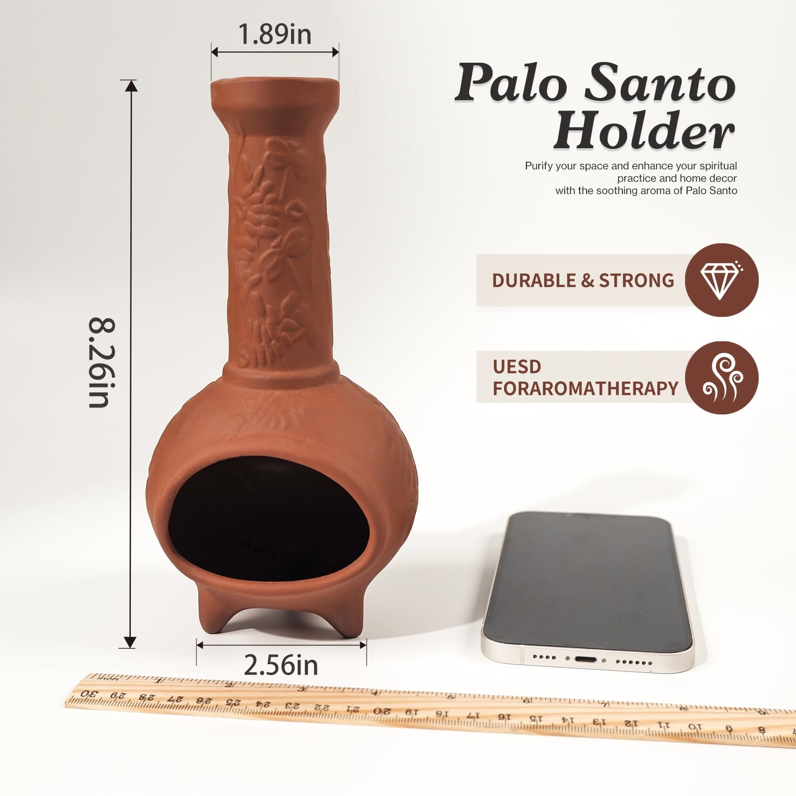 MOUGIGI Portaincenso fatto a mano in terracotta per Palo Santo e mini caminetto, elegante bruciatore a cono per bastoncini di Palo Santo e salvia, ideale per la pulizia energetica, yoga, meditazione