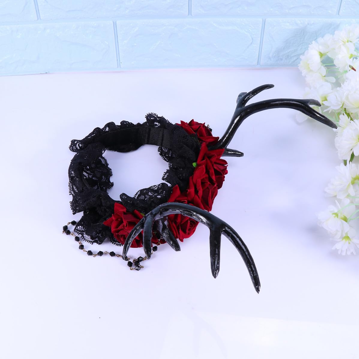 jojofuny Halloween Season Gothic Black Plastic Antlers Headband with Roses