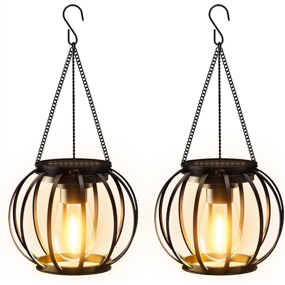 2 Pack Solar Powered Hanging Lanterns, Outdoor Waterproof LED Solar Hanging Lantern with Warm Glow, Metal Decorative Light for Garden Patio Yard Pathway