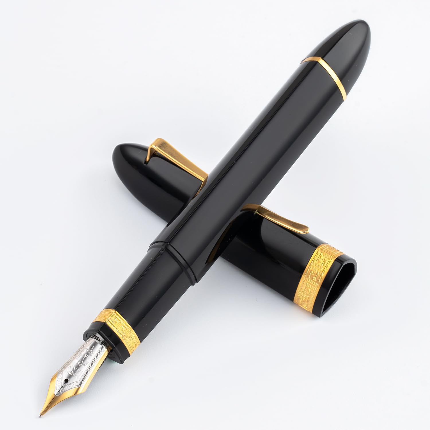 Majohn V60 Piston Fountain Pen Extra Fine Nib, Black Golden Triangular Resin Writing Office Pen Set with Gift Box