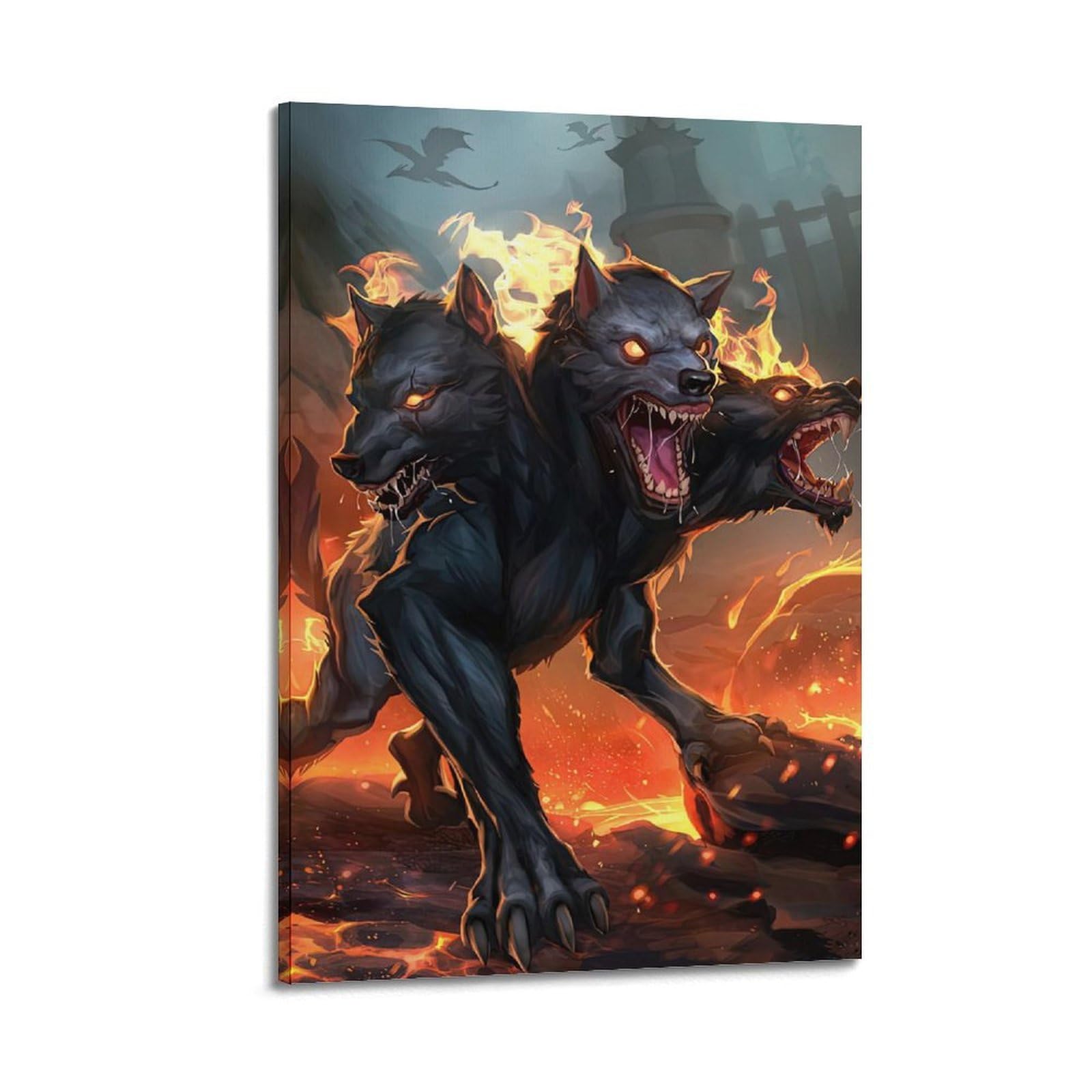 DLJGDS Mythical Three - Headed Wolf with Fiery Aura, Vintage And Minimal Design Decorative Painting Canvas Wall Posters And Modern Family Bedroom Decor 24x36inch(60x90cm)