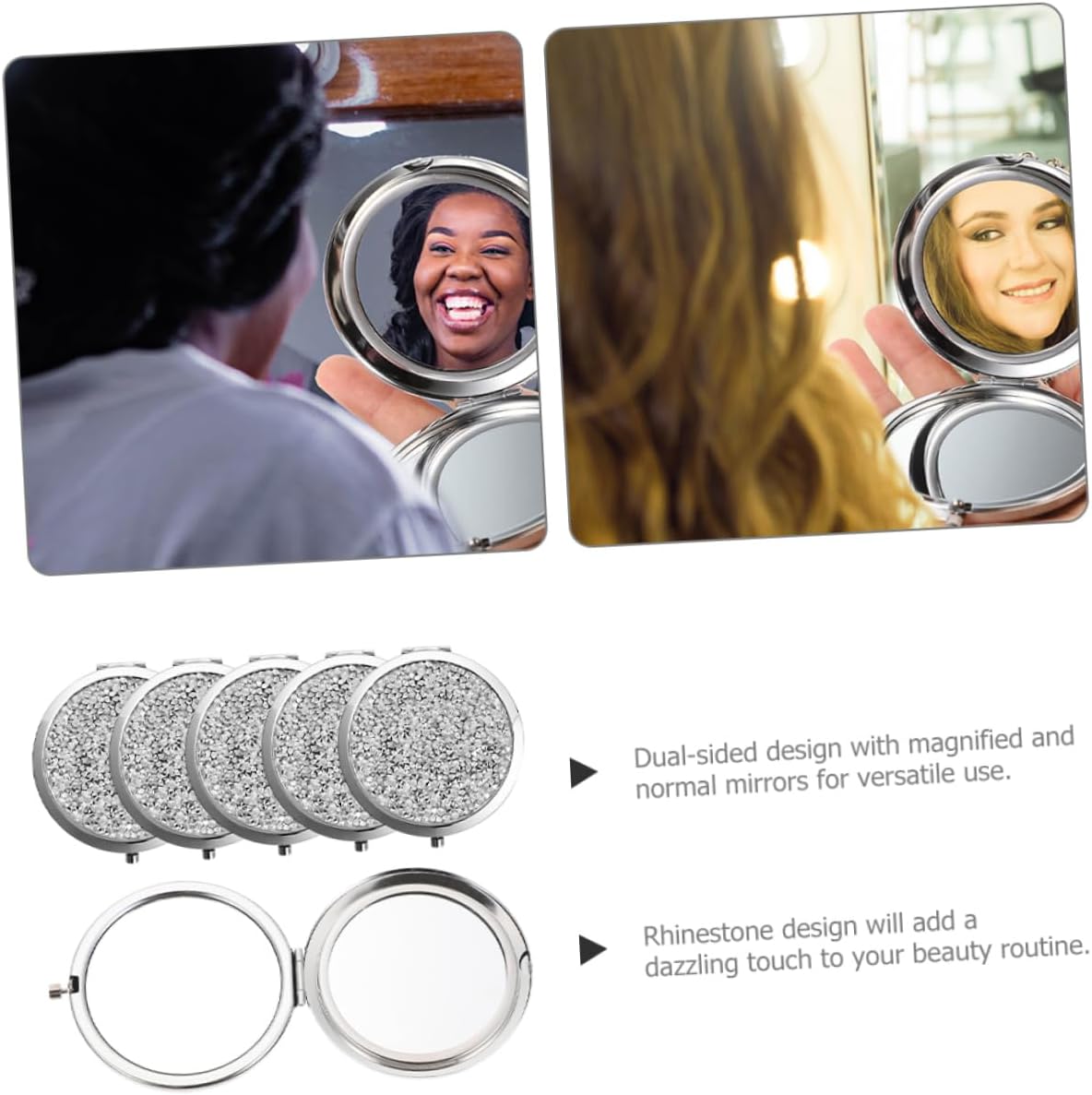 6Pcs Rhinestone Pocket Mirror Magnification Double Sided Makeup Mirror Compact Mirror for Purse for Travel and Daily Use for Brides and Special