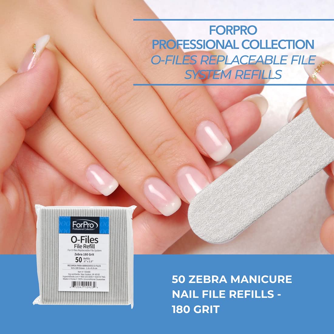 ForPro O-Files Ersatzfeilensystem, Zebra, Körnung 180, Maniküre-Nagelfeilen-Nachfüller, 9,9 cm L x 1,5 cm B, 50 Stück