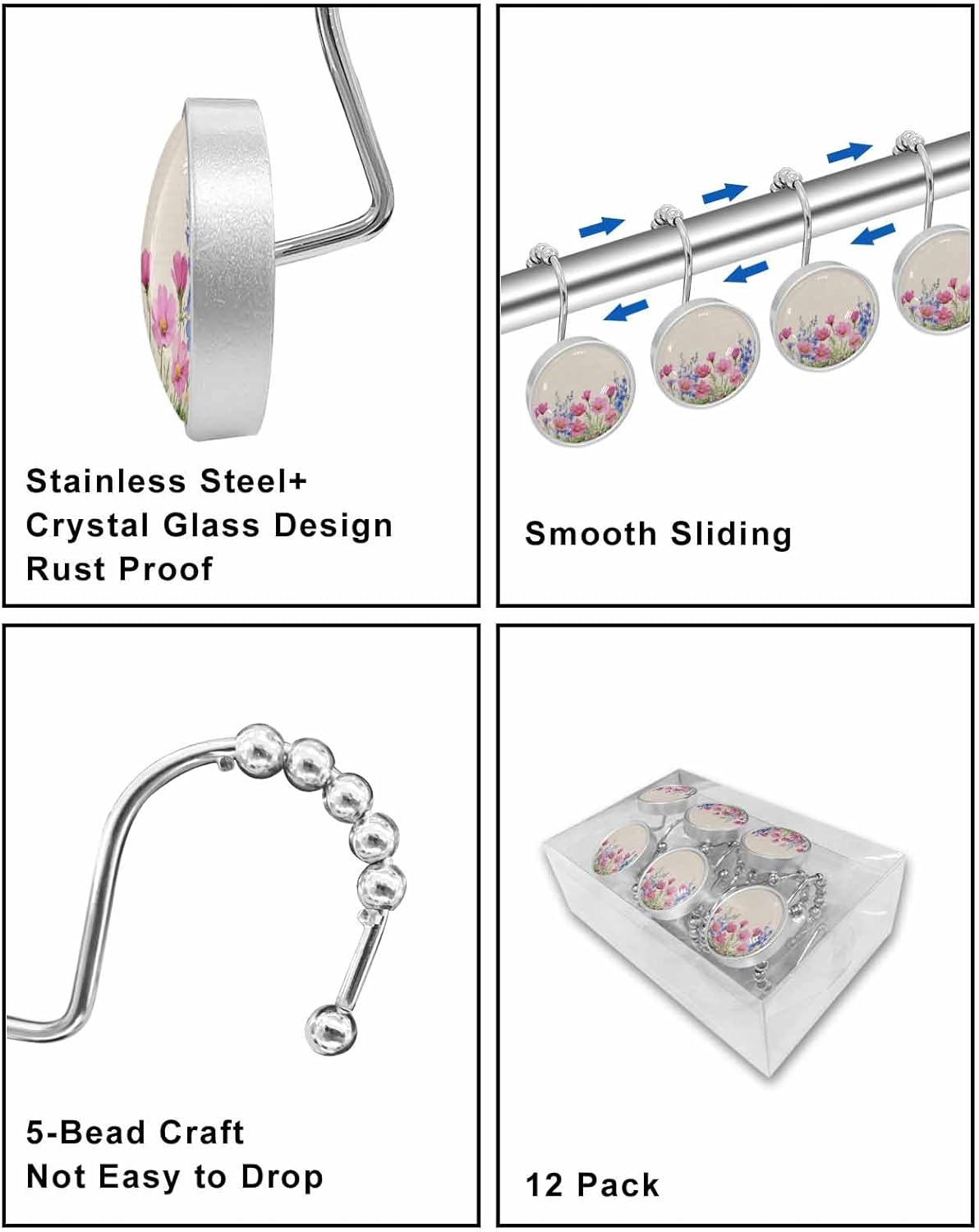 Shower Curtain Hooks Set of 12 Retro Summer Pink Flower Plant Garden Crystal Glass Shower Curtain Rings for Bathroom Decorative Stainless Steel Rust Proof Roller Shower Curtain Hangers
